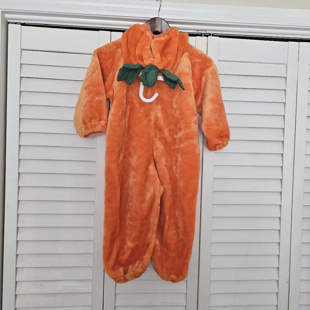 Vintage Chrisha Pumpkin Costume Child Ages 4-6 One Piece Zip Front Orange Plush